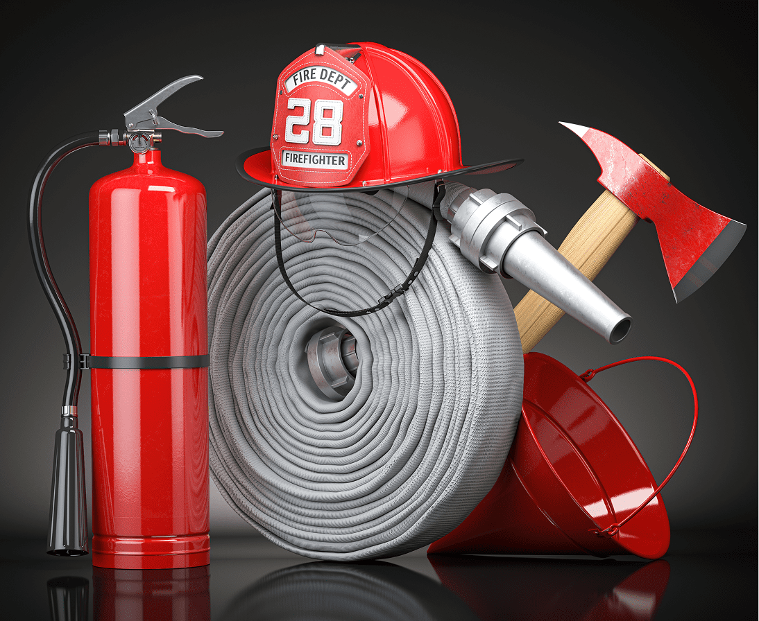 Firefighter equipment: helmet, hose, extinguisher, axe.